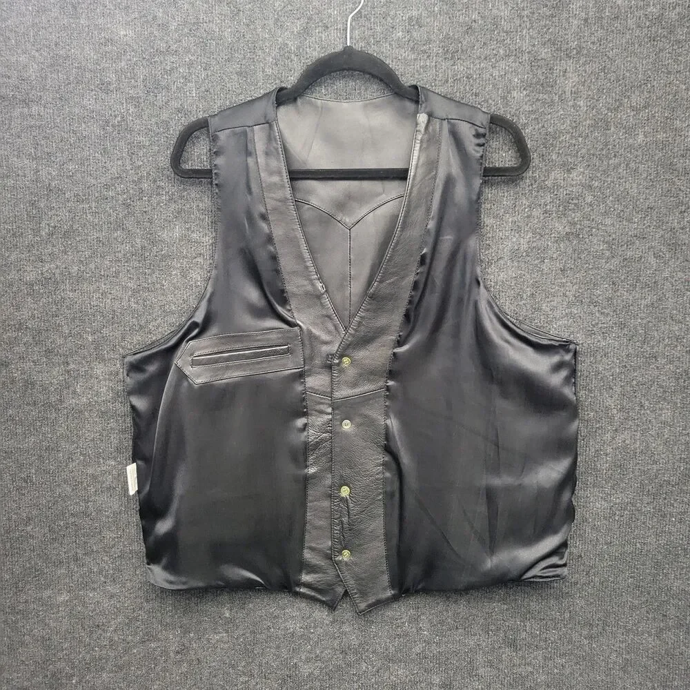 Cavender's Mens Leather Vest Western Ranch Cowboy Biker XXL Black Button Front